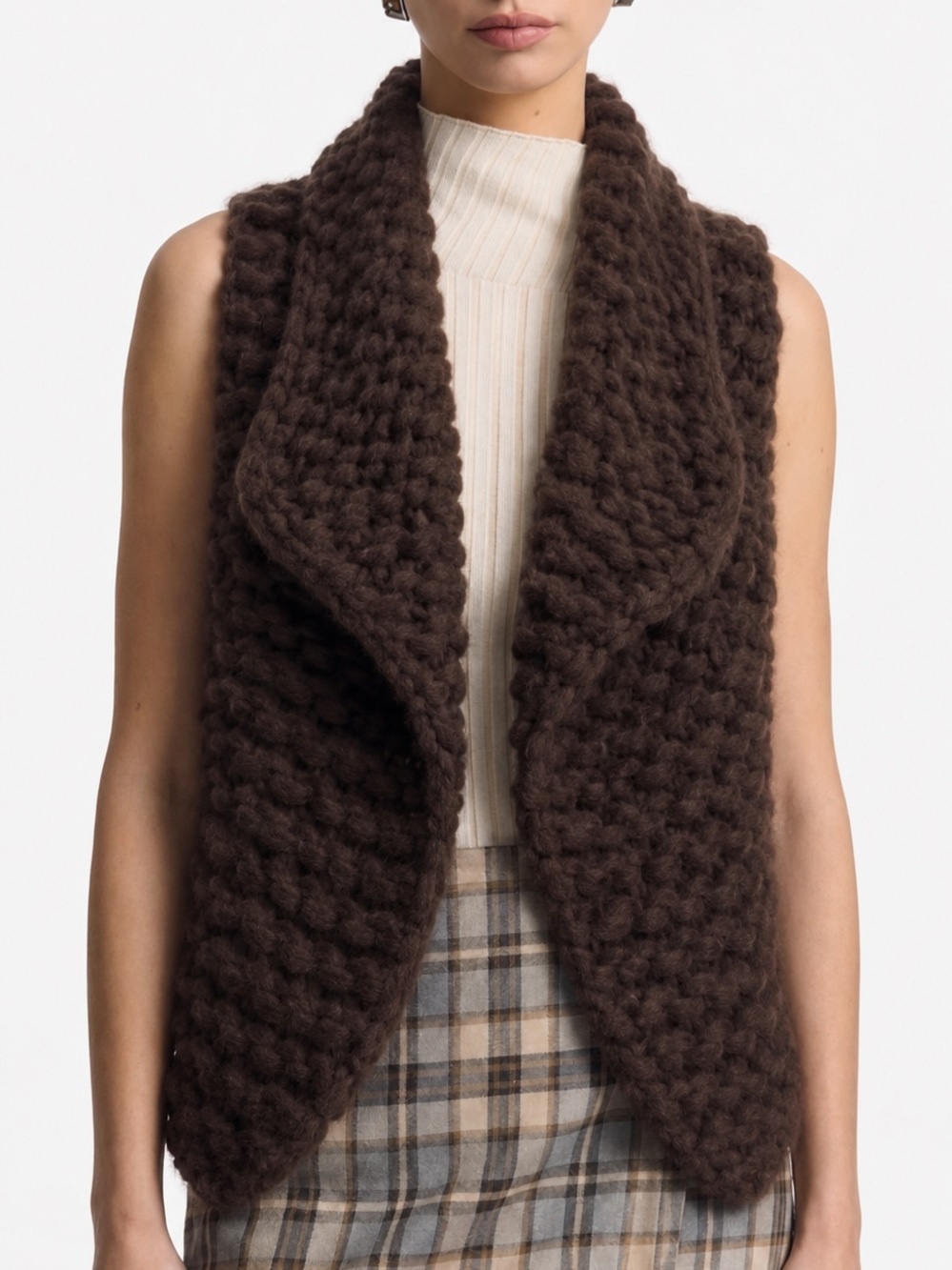 Helmut Lang Merino Wool Angora Rabbit Chunky Knit Cardigan Vest Size P XS Brown